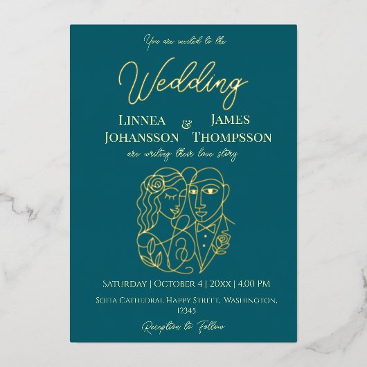 ダークティール（緑がかった色）ゴールデンエレガントなウェディングモダンカップル 箔招待状 (正面)