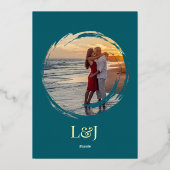 ダークティール（緑がかった色）ゴールデンエレガントなウェディングモダンカップル 箔招待状 (裏面)