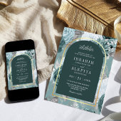 ダークティール（緑がかった色）シーフオムフローラアーチムスリム結婚ズ 招待状