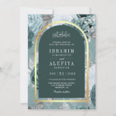 ダークティール（緑がかった色）シーフオムフローラアーチムスリム結婚ズ 招待状 (正面)