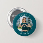 ダークティール(緑がかった色)スイート16誕生日サークルフォト 缶バッジ (正面&裏面)