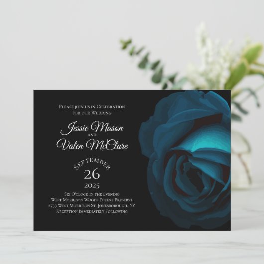 ダークティール（緑がかった色）ターコイズバラゴシックエレガントウェディング 招待状 (スタンド正面)