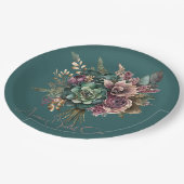 ダークティール(緑がかった色)ターコイズブルゴーニュフローラブーケシャワー ペーパープレート (アングル)