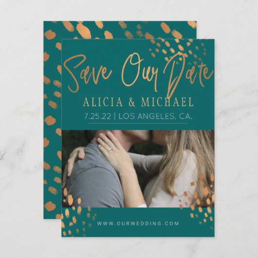 ダークティール(緑がかった色)フォトフェイクバラゴールドフォイルタイポグラフィ セーブザデート (正面/裏面)