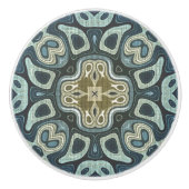 ダークティール(緑がかった色)ブルーシーフオムグリーンエスニック族アート セラミックノブ (正面)