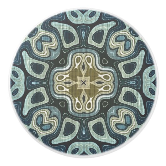 ダークティール（緑がかった色）ブルーシーフオムグリーンエスニック族アート セラミックノブ (正面)