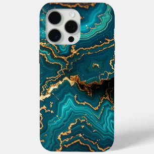 ダークティール(緑がかった色)ブルーターコイズフェイク金ゴールドアゲートタフ iPhone 15 PRO MAXケース
