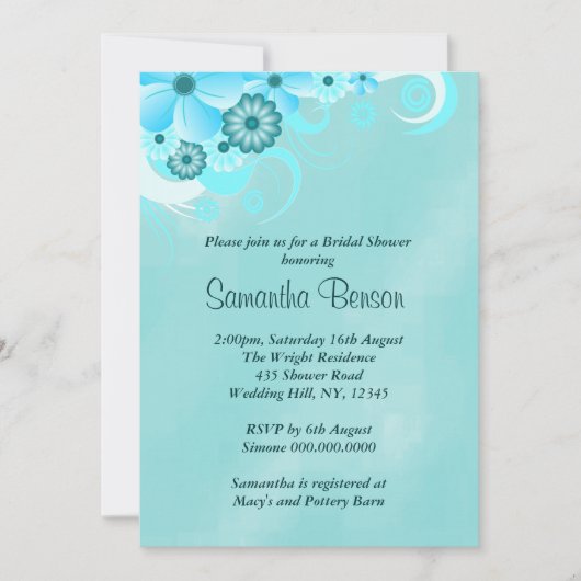 ダークティール（緑がかった色）ブルーフローラブライダルシャワー招待状 招待状 (正面)