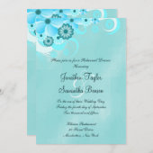 ダークティール（緑がかった色）ブルーフローラリハーサルディナー招待状 招待状 (正面/裏面)