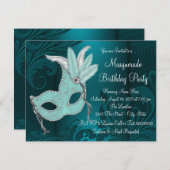 ダークティール（緑がかった色）ブルーマスカレードパーティー 招待状 (正面/裏面)