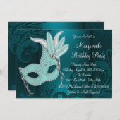 ダークティール(緑がかった色)ブルーマスクマスカレードパーティー 招待状 (正面/裏面)