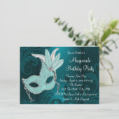 ダークティール(緑がかった色)ブルーマスクマスカレードパーティー 招待状 (スタンド正面)