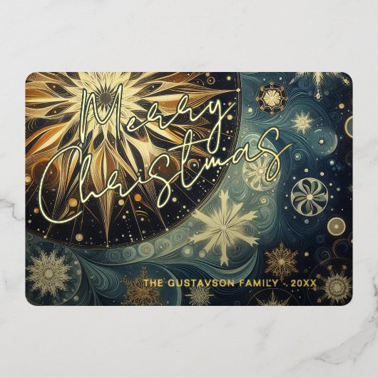 ダークティール（緑がかった色）ブルー抽象芸術スノーフレークフローラアート金ゴールド 箔シーズンカード (正面)