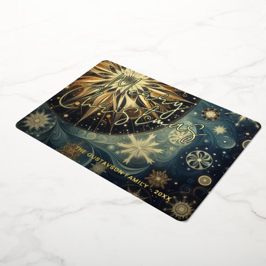 ダークティール（緑がかった色）ブルー抽象芸術スノーフレークフローラアート金ゴールド 箔シーズンカード (回転した状態)