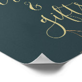 ダークティール（緑がかった色）ブルー&金ゴールドモダンフローラカード&ギフト ポスター (角)