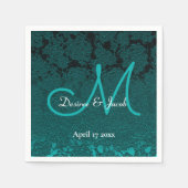 ダークティール(緑がかった色)ホワイトターコイズエレガントなウェディングモノグラム スタンダードカクテルナプキン (正面)