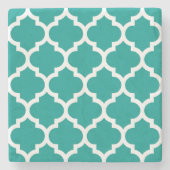 ダークティール(緑がかった色)ホワイトモロッコクローバーパターン#5 ストーンコースター (正面)