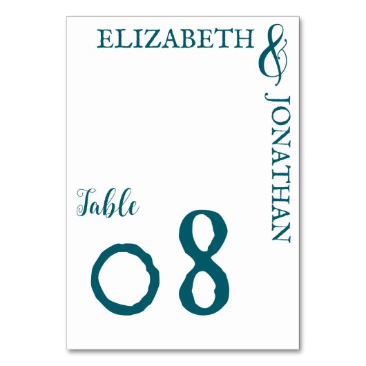 ダークティール（緑がかった色）モダンタイポグラフィ結婚ズ テーブルナンバー (正面)