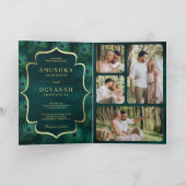 ダークティール(緑がかった色)孔雀の羽QRコード結婚ズ 招待状 (内部)