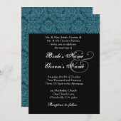 ダークティール（緑がかった色）白黒ダマスクウエディング招待状 招待状 (正面/裏面)