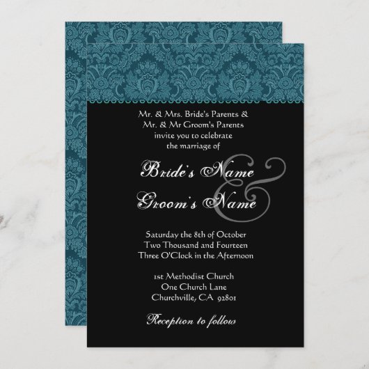 ダークティール（緑がかった色）白黒ダマスクウエディング招待状 招待状 (正面/裏面)