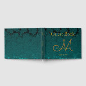 ダークティール(緑がかった色)金ゴールドフローラ秋の結婚式モノグラム ゲストブック (全面)