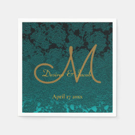 ダークティール（緑がかった色）金ゴールドフローラ秋の結婚式モノグラム スタンダードカクテルナプキン