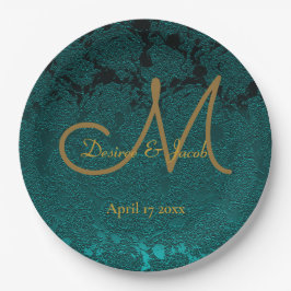 ダークティール（緑がかった色）金ゴールドフローラ秋の結婚式モノグラム ペーパープレート