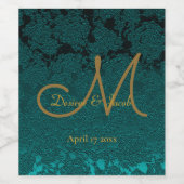 ダークティール（緑がかった色）金ゴールドフローラ秋の結婚式モノグラム ワインラベル (シングルラベル)