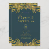 ダークティール（緑がかった色）&金ゴールドレースエレガントスウィート16パーティー 招待状 (正面/裏面)