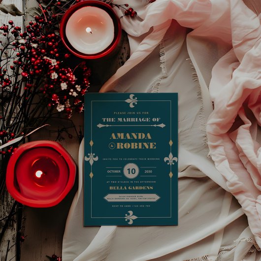ダークティール(緑がかった色)&金ゴールドヴィンテージエレガントな結婚式 招待状