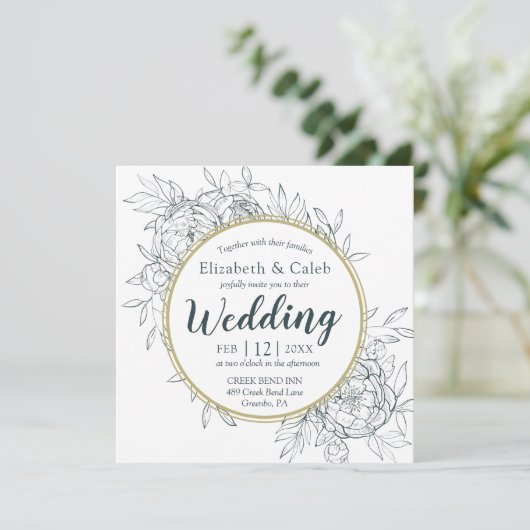 ダークティール（緑がかった色）&金ゴールド牡丹モダンフローラトワ結婚ーズ 招待状 (スタンド正面)