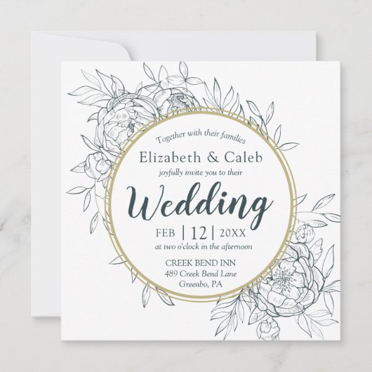 ダークティール（緑がかった色）&金ゴールド牡丹モダンフローラトワ結婚ーズ 招待状 (正面)