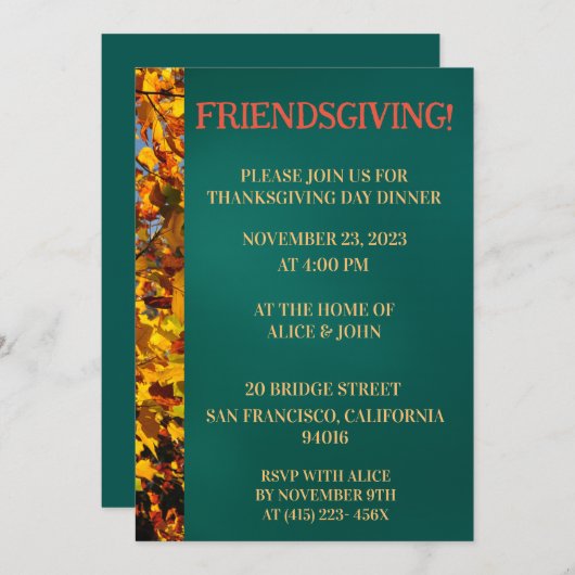 ダークティール（緑がかった色）離れスサンクスギビング与えフレンズ 招待状 (正面/裏面)