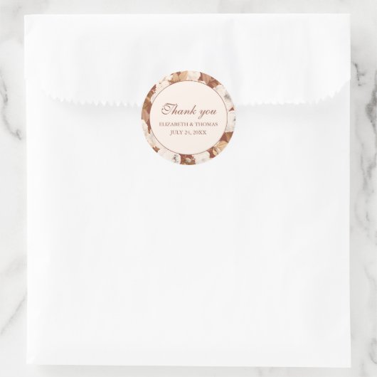 ダークテラコッタありがとうラウンドステッカーと牡丹 ラウンドシール (バッグ)