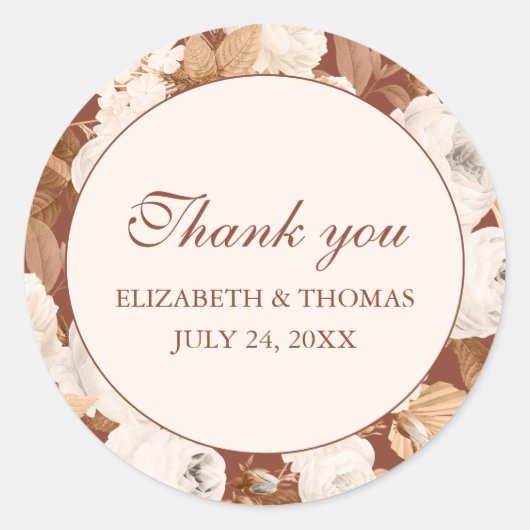 ダークテラコッタありがとうラウンドステッカーと牡丹 ラウンドシール (正面)