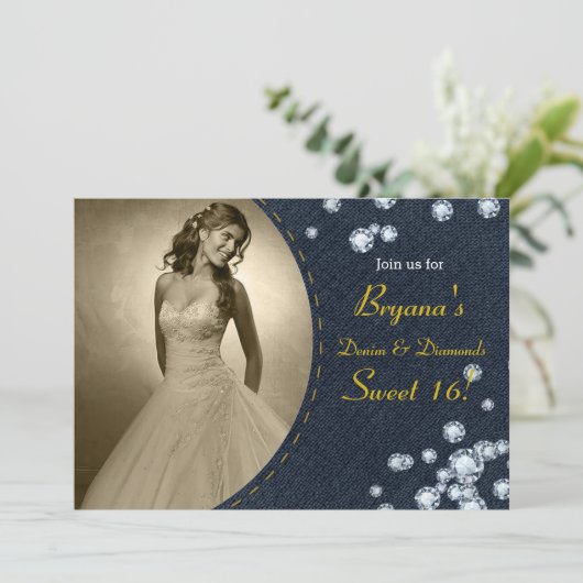 ダークデニム&ダイアモンズ写真誕生日招待状 招待状 (スタンド正面)