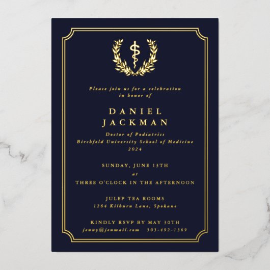 ダークネイビーアスクレピウス医科学校卒業 箔招待状 (正面)