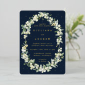 ダークネイビーエレガントスノーベリー+ユーカリ結婚ズ 箔招待状 (立ち正面)