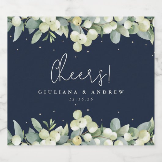 ダークネイビースノーベリー+ユーカリ冬の結婚式 スパークリングワインラベル (シングルラベル)