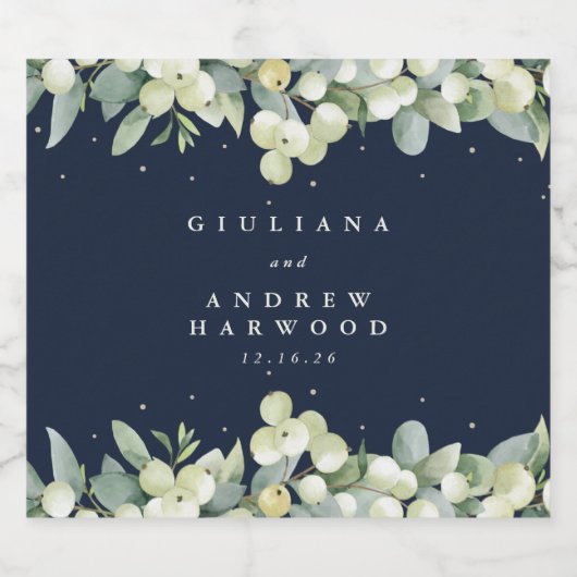 ダークネイビースノーベリー+ユーカリ冬の結婚式 リキュールボトルラベル (シングルラベル)