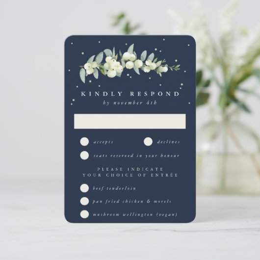 ダークネイビースノーベリー+ユーカリ結婚ステムズ 出欠カード (スタンド正面)