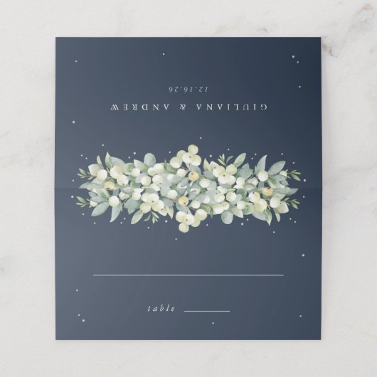 ダークネイビースノーベリー+ユーカリ結婚ス プレイスカード (外部開封)