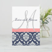 ダークネイビーダマスクコーラルモノグラム結婚式招待状 招待状 (スタンド正面)