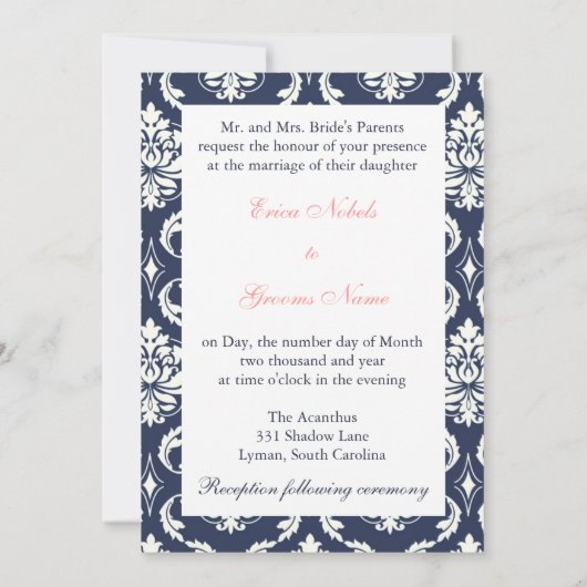 ダークネイビーダマスクコーラルモノグラム結婚式招待状 招待状 (裏面)