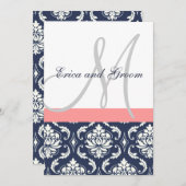 ダークネイビーダマスクコーラルモノグラム結婚式招待状 招待状 (正面/裏面)