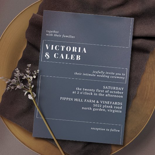 ダークネイビーブルーとホワイト モダンミニマル結婚| 招待状