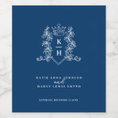 ダークネイビーブルーのホワイトフォトクラウンモノグラム結婚ズ ワインラベル (シングルラベル)