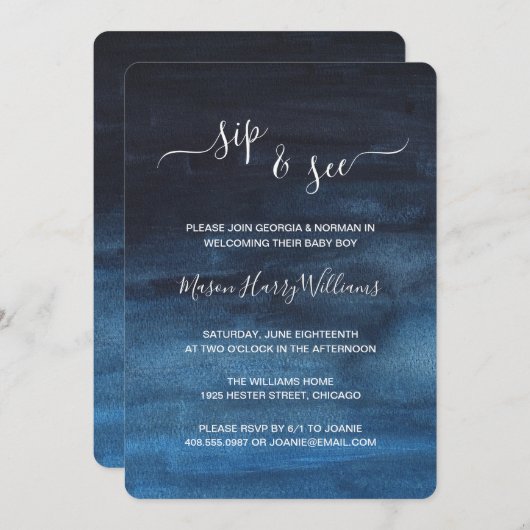 ダークネイビーブルーウォーター色洗面ボーイシップと参照 招待状 (正面/裏面)