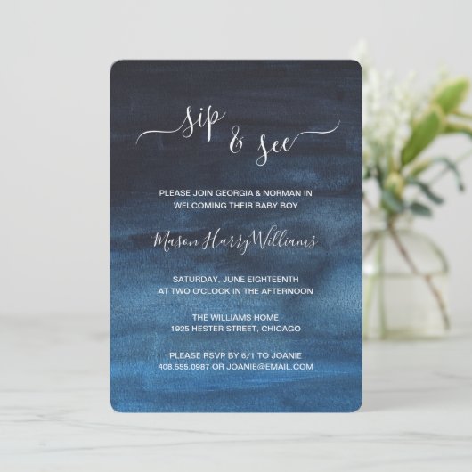 ダークネイビーブルーウォーター色洗面ボーイシップと参照 招待状 (スタンド正面)